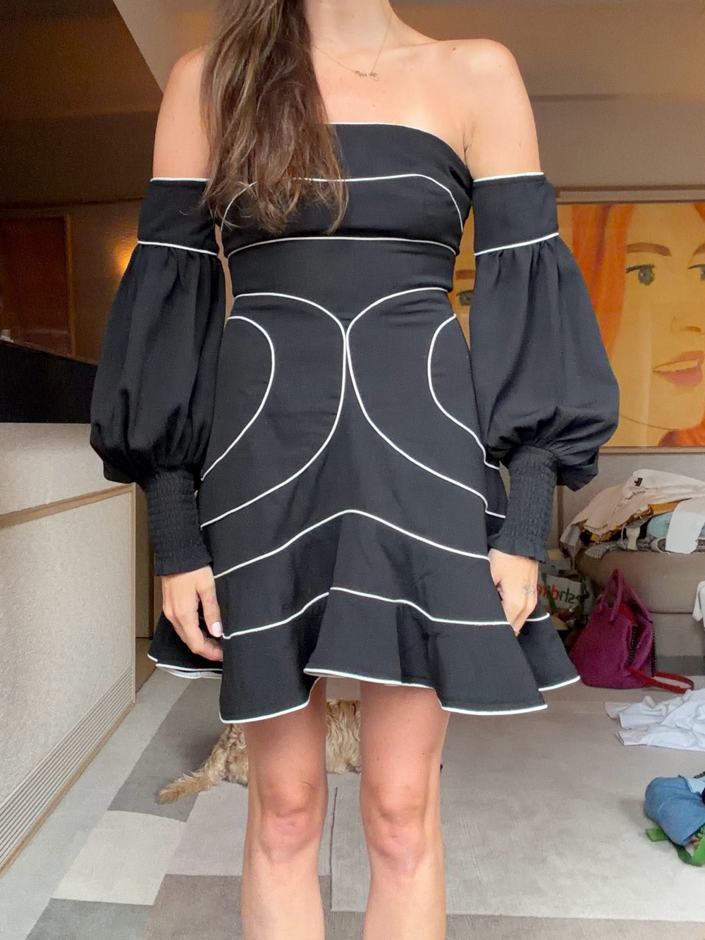 Never Fully Dressed Black Off-Shoulder Dress with White Piping